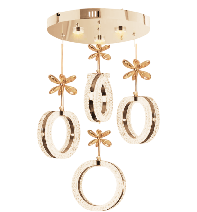 Kırık Çember 4'lü Sarkıt Kristal Taş'lı Gold Modern Sarkıt 3 Renk Led Avize Mutfak - Salon - Oturma Odası Ledli Avize