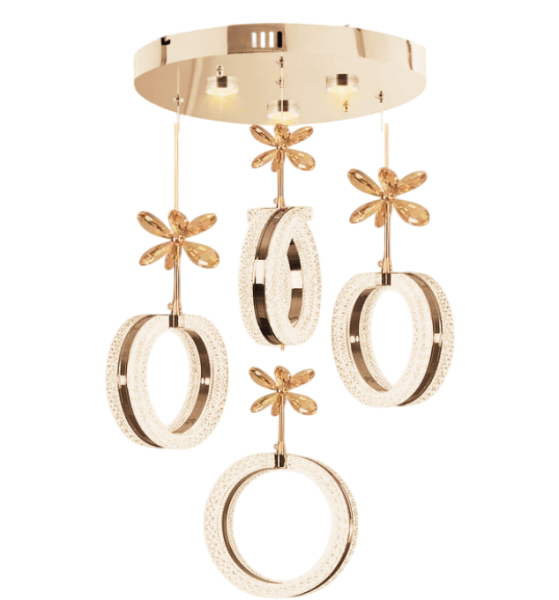 Kırık Çember 4'lü Sarkıt Kristal Taş'lı Gold Modern Sarkıt 3 Renk Led Avize Mutfak - Salon - Oturma Odası Ledli Avize